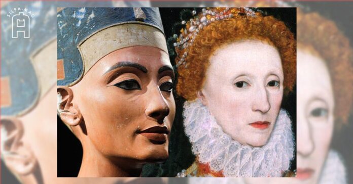 Cover photo ประติมากรรมรูปพระนางเนเฟอร์ติติ ภาพวาดราชินีอลิซาเบ็ธที่หนึ่ง ประกอบเรื่อง เครื่องสำอางสตรี