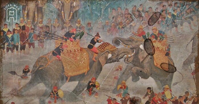 Cover photo-1 สมเด็จพระนเรศวรมหาราชกระทำยุทธหัตถีกับสมเด็จพระมหาอุปราชา จิตรกรรมฝาผนัง จัดแสดงภายในอาคารภาพปริทัศน์ อนุสรณ์สถานแห่งชาติ จังหวัดปทุมธานี ประกอบเรื่อง ดวงเมือง