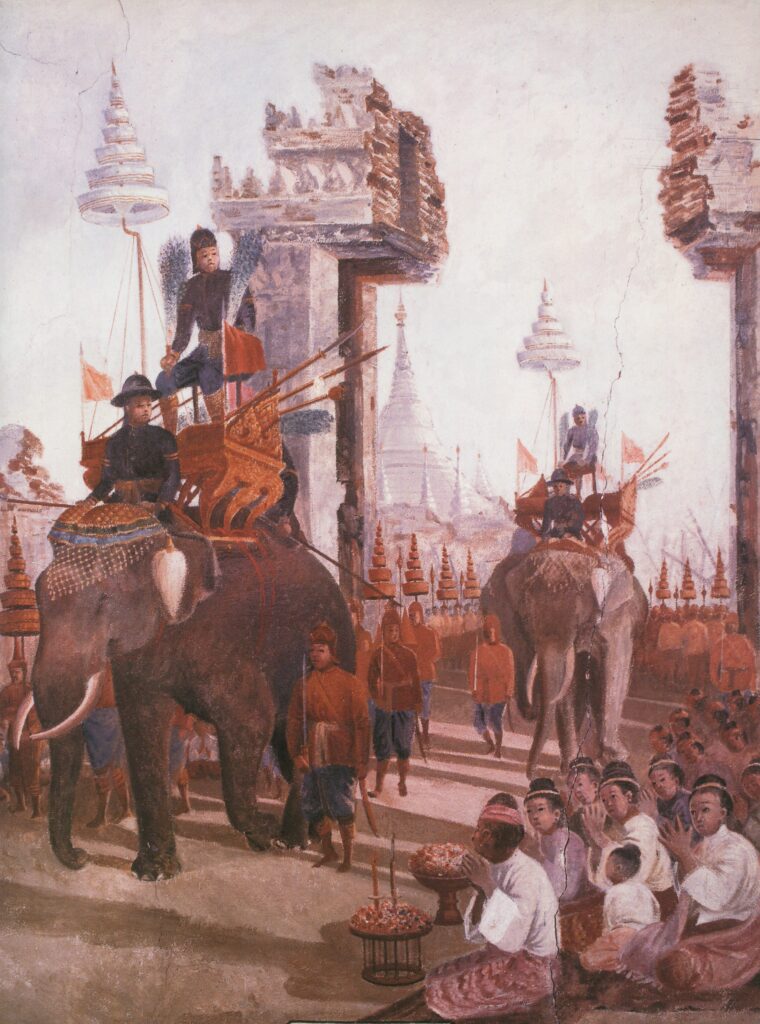 สมเด็จพระนเรศยาตราทัพเข้าเมืองหงสาวดี ด้านหลังคือพระมหาธาตุมุเตา จิตรกรรมที่พระวิหารวัดสุวรรณดาราราม พระนครศรีอยุธยา