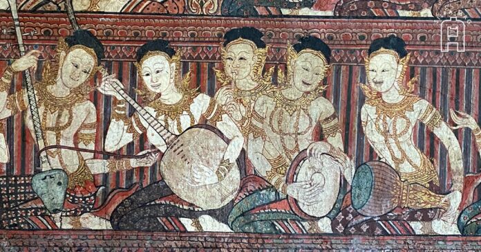 จิตรกรรมภายพระที่นั่งพุทไธสวรรย์ ในพระราชวังบวรสถานมงคล ประกอบเรื่อง การแสดง