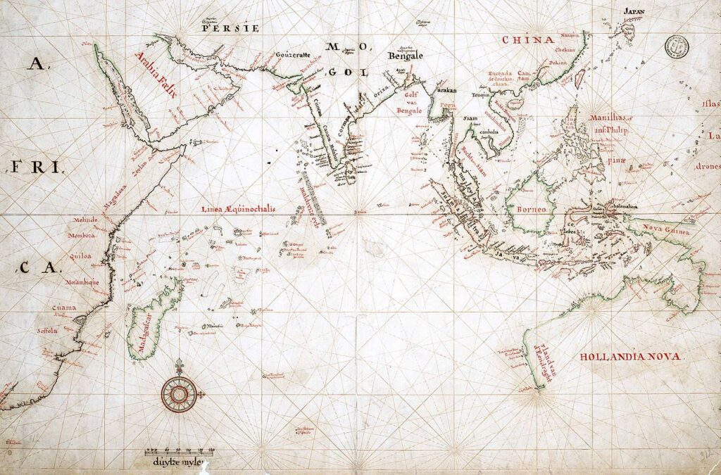 แผนที่แสดงพื้นที่ทางการค้าของวีโอซี ค.ศ. 1665 (พ.ศ. 2208) ตั้งแต่แหลมกู๊ดโฮปในแอฟริกาใต้ถึงญี่ปุ่น