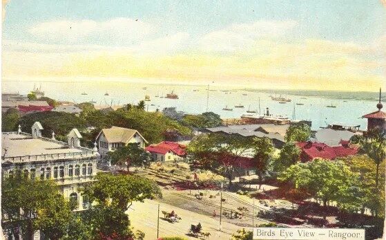 ทิวทัศน์ท่าเรือย่างกุ้งช่วงทศวรรษ 1900 สถานที่เกิดจลาจลปี 1930